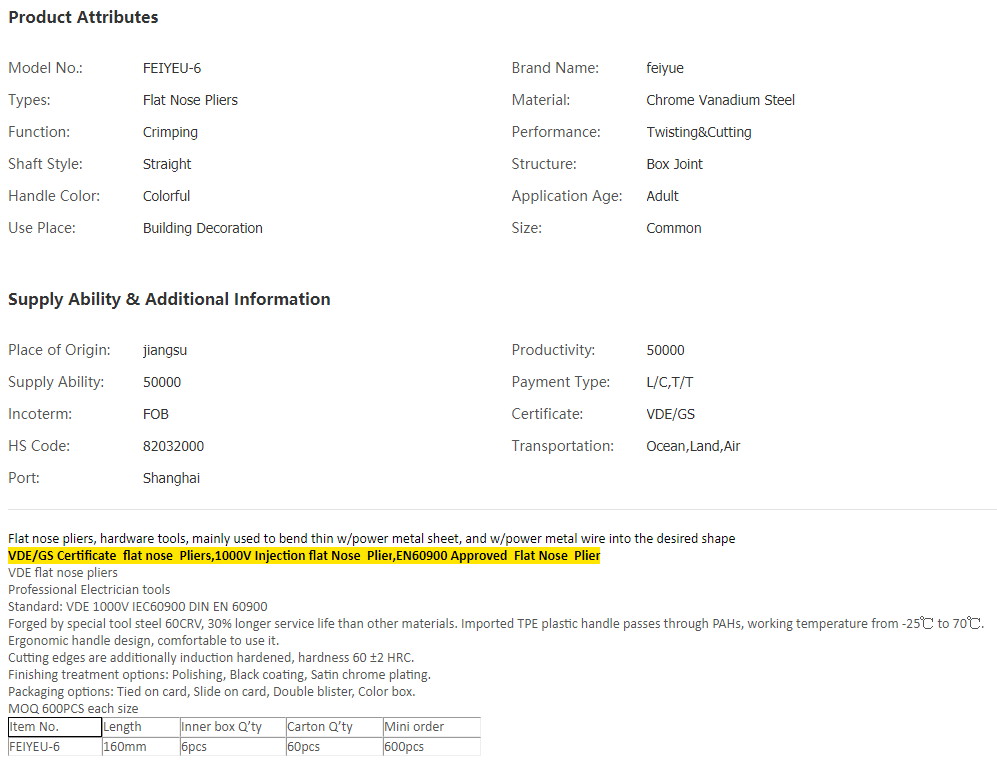 China VDE flat nose pliers, High Quality VDE flat .png